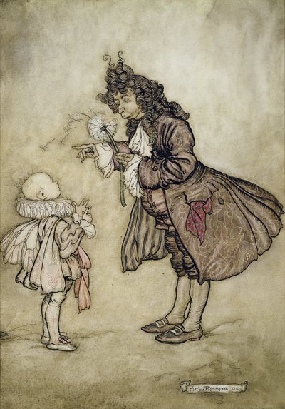 当女王陛下想知道时间时，来自肯辛顿花园的Peter Pan，JM Barrie，酒吧。作者：Hodder和Stoughton，1906年（笔和墨水在纸上用wc） 作者 亚瑟·拉克汉姆（Arthur Rackham）