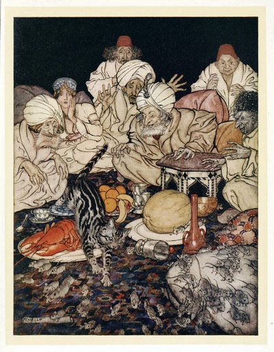 当Puss看到老鼠和老鼠时，她并没有等到被告知，来自English Fairy Tales，pub。 1922年 作者 亚瑟·拉克汉姆（Arthur Rackham）