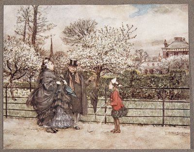 当你在花园里见到成年人时，他们认为自己比他们想象的更大......，来自JM Barrie（1860  -  1937）的肯辛顿花园的Peter Pan，酒吧。 1906年（结肠 作者 亚瑟·拉克汉姆（Arthur Rackham）