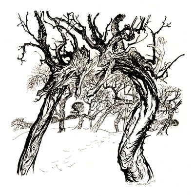 从苹果碟中窃窃私语的树木，1917年，1923年 作者 亚瑟·拉克汉姆（Arthur Rackham）