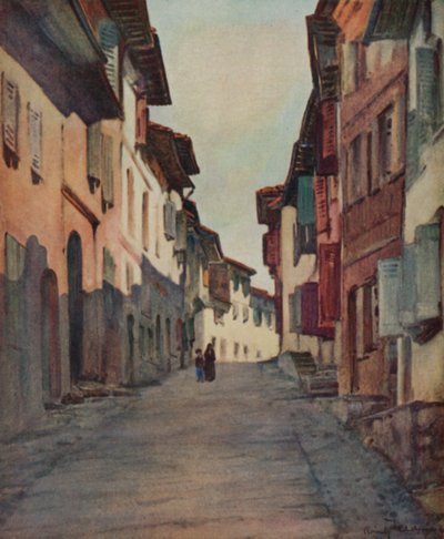 巴斯克地区。St Jean-Pied-de-Port老城区的街道（彩色平版印刷）。 作者 亚瑟·罗米利·费登