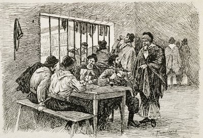 阿根廷（20 世纪）。酒馆和酒铺 "Pulperia"。插图作者：T.Tamarera。雕刻 作者 艺术家未知