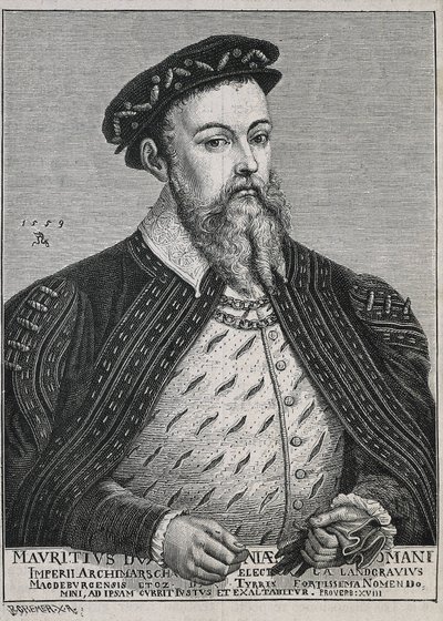 萨克森的莫里斯（1521-1553 年）。萨克森公爵（1541-1547 年），后成为选帝侯（1547-1553 年）。1539 年起成为新教徒。根据卢卡斯-克拉纳赫的画作绘制的肖像。雕刻 作者 艺术家未知
