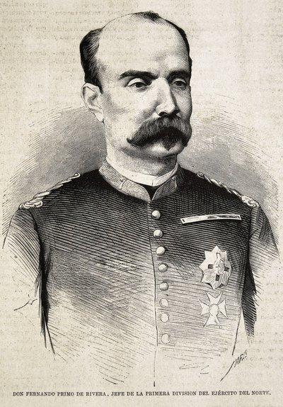 费尔南多-普里莫-德-里韦拉（1831-1921 年）。西班牙军事家和政治家。费尔南多-普里莫-德里维拉，曾参加第三次卡洛斯战争。雕刻。 作者 艺术家未知