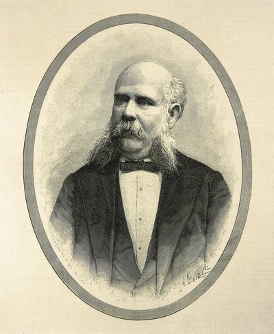 RIUS I TAULET，Francesc de Paula（1833-1889 年）。西班牙律师和政治家。巴塞罗那市长和 1888 年巴塞罗那世界博览会的推动者。肖像发表于 A. Carretero 所著的《La Ilustracion Espanola y Americana》。雕刻。 作者 艺术家未知