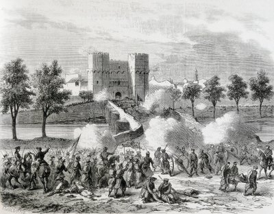 西班牙（1868 年）。光荣革命。政府军在巴伦西亚的塞兰斯门发动进攻。插图。Jorinal Universal"。蚀刻版画 作者 艺术家未知