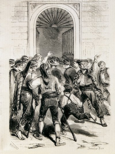西班牙（1873 年）。宣布成立第一共和国并攻占巴塞罗那市政厅（1873 年 2 月 11 日）。蚀刻版画。 作者 艺术家未知