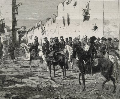 西班牙。第一共和国（1873-1874 年）。卡塔赫纳县。卡塔赫纳州投降后，何塞-洛佩斯-多明格斯将军在卡塔赫纳。图片发表于 "La Ilustracion Espanola y Americana"。蚀刻版画。 作者 艺术家未知