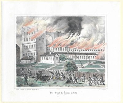 1848 年 10 月 28 日维也纳圆形剧场的燃烧弹 作者 艺术家未知