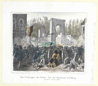 1848 年 10 月 28 日克罗地亚人在埃尔德贝格 Sofienbruecke 的穿插行动 作者 艺术家未知