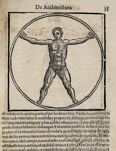 VITRUVIUS, Marcus Vitrubius Pollio（公元前 1 世纪）。"De Architectura》（《论建筑》），由米格尔-德-乌雷亚翻译成西班牙语。胡安-格拉西安（Juan Gracian）于 1582 年在阿尔卡拉-德埃纳雷斯（Alcala de Henares）编辑。第 35 页人体卡农插图。木刻 作者 艺术家未知