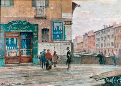 米兰，从维托利亚门（Verziere）的桥上看到的景色 阿图罗-法拉利（1861-1932）的水彩画 1917年米兰，米兰博物馆 作者 阿图罗·法拉利（Arturo Ferrari）