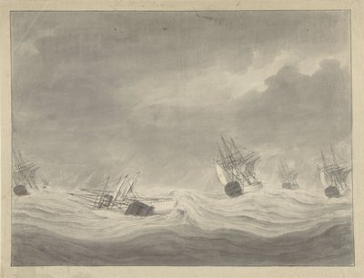Het vergaan van het schip De Unie onder kapitein Graaf van Welderen op de Noordzee, 19 oktober 1782 作者 阿里·范瓦努姆