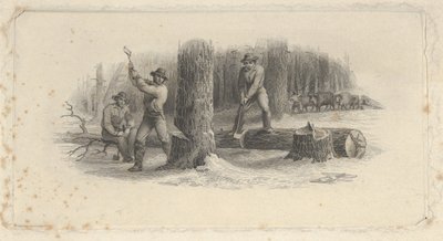 钞票图案显示樵夫在雪域森林中砍伐树木，约1824-37年。 作者 亚瑟·布朗·杜兰德。