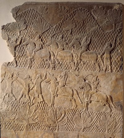 东方的古代艺术：战斗场景。亚述Assurbanipal宫的低浮雕（公元前7世纪）。巴黎，卢浮宫博物馆 作者 亚述人