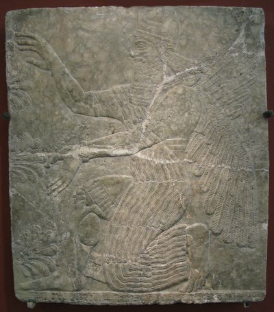 有翼的神在神圣的树旁。公元前9世纪从宁胡鲁（Nimrud）的卡鲁（Kalhu）的Ashurnasirpal II宫获得的救济 作者 亚述人