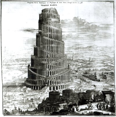 巴别塔，1679年（雕刻）（bw照片） 作者 Athanasius Kircher