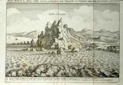 西西里岛墨西拿底特律“Charybde”和“Scylla”的岩石视图“”“Mundus Subterraneus”雕刻“Athanasius Kircher（1601-1680），耶稣会士，东方学家和学者，1682 年 作者 阿塔纳修斯·基歇尔