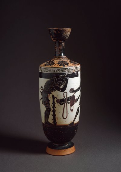 希腊艺术。"赫拉克勒斯和阿特拉斯 "赫拉克勒斯（Hercules）Lekythos（lecyth）白色的细节由雅典娜的画家实现（公元前450-400）。雅典娜，国家考古博物馆 作者 雅典娜画家（车间）