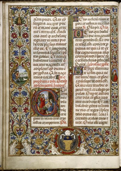 托马斯-詹姆斯（Thomas James）的 Missal：页面上有一个字母："玛吉的崇拜"，页边有一个奖章："圣母领报时的牧羊人"。 作者 Attavante degli Attavanti