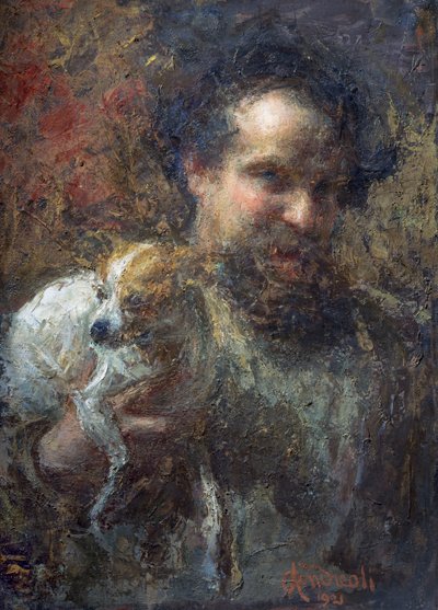 阿蒂里奥-安德烈奥利与狗的自画像（布面油画） 作者 Attilio Andreoli