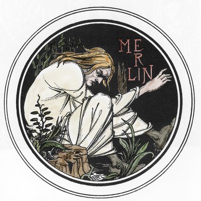 亚瑟王传奇：“魔法师梅林” 托马斯·马洛里爵士的《亚瑟之死》中的雕刻，奥布里·比尔兹利 (1872-1898) 1893-1894 插图版（亚瑟王传奇：巫师梅林，奥布里·比尔兹利在“The Morte”中的插图 亚瑟之死 作者 奥布里·比尔兹利