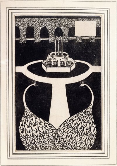 本章标题描绘了带有喷泉的花园中的两个孔雀，约1893-4年 作者 奥布里·比尔兹利