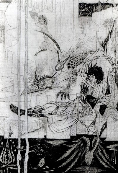 现在，亚瑟王看到了Questing Beast，其中有一个奇妙的奇迹，来自Thomas Malory爵士的“Le Morte d&39;Arthur”（第1471页）1893-94（黑色墨水和石墨） 作者 奥布里·比尔兹利