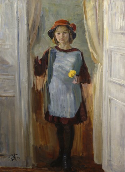 门口的女孩 (Maria Eiebakke) 1918 年（布面油画） 作者 奥古斯特·埃巴克（August Eiebakke）