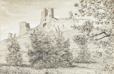 拉克韦雷城堡废墟的视图，1828年（棕褐色和铅笔在纸上） 作者 奥古斯特·乔治·威廉·佩兹尔德