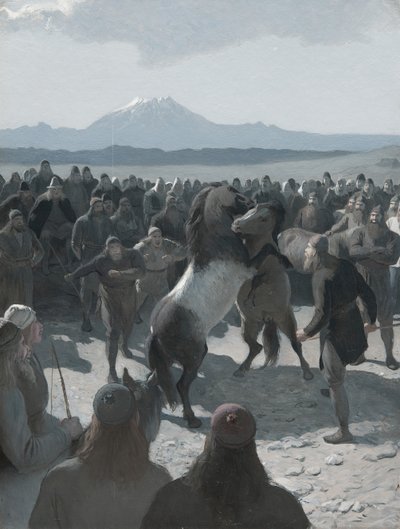 烧毁Njáll的故事：Hliðarendi的马战，1880年代。 作者 奥古斯特·马尔姆斯特伦
