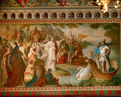 Lohengrin 抵达安特卫普，来自 Lohengrin Saga，沙龙，c.1882-83（布面油画）（另见 419255） 作者 August von Heckel