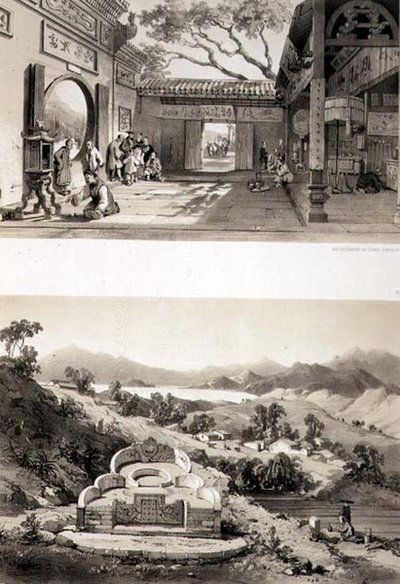 澳门大庙的内景以及香港湾和考隆湾之间的坟墓和村庄，板块8和7来自《中国素描》，Eugene Ciceri（1813-90）1842年雕刻（着色石印）。 作者 奥古斯特（后）博格特