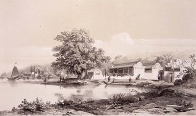 澳门运河上的文华楼，板块20来自《中国速写》，由Eugene Ciceri（1813-90）1842年雕刻（着色石印）。 作者 奥古斯特（后）博格特