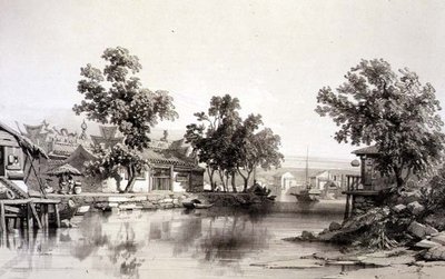 河南的寺庙和运河，《中国速写》中的第29版，由Eugene Ciceri（1813-90）1842年雕刻（着色石版）。 作者 奥古斯特（后）博格特