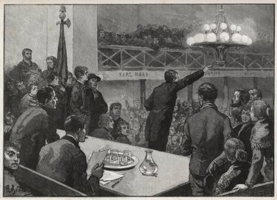 1885年在Vooruit举行的罢工会议--1885年雕刻的 "杰出的世界"--Gerardin画的。 作者 奥古斯特（后）杰拉丁