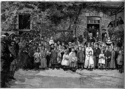 维克多-雨果（1802-1885）1882年9月24日与Veules en Caux（Veules-en-Caux）的贫困儿童在一起，他为他们提供了一个宴会。杰拉尔丁在1882年10月14日 "世界画报 "第1333期上的雕刻。 作者 奥古斯特（后）杰拉丁