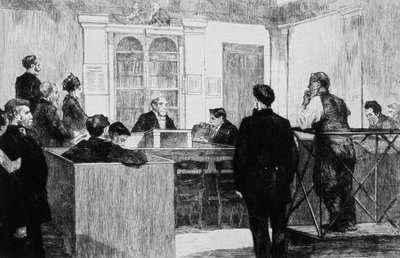 1884 年的伦敦弓街警察法院大厅（雕刻） 作者 奥古斯特·安德烈·兰孔