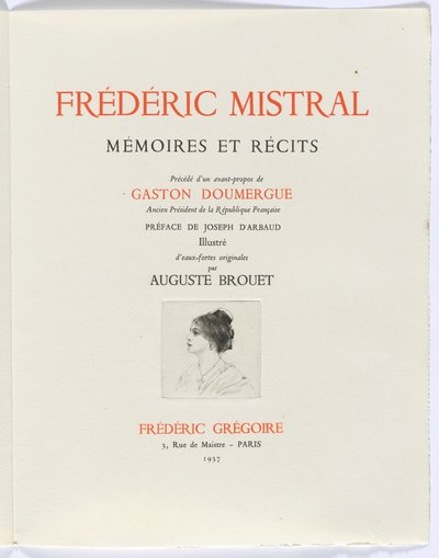 Frédéric Mistral：Frédéric Mistral 的《Mémoires et Recits》：扉页，女性侧面半身像 作者 奥古斯特·布洛埃（Auguste Brouet）