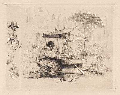 [商人在摊位上和孩子们玩耍] 作者 Auguste Brouet