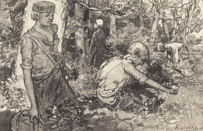 聚集五月的百合花 La cueillette du muguet, 1908. 作者 奥古斯特·勒佩雷（Auguste Lepere）