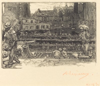 卸货，圣马丁运河 (Les de déchargeurs de platre, Canal Saint-Martin) 作者 奥古斯特·勒佩雷（Auguste Lepere）