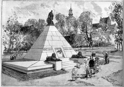 为纪念法国埃及学家奥古斯特-爱德华（Auguste Edouard）-马里耶特（1821-1881）而在加莱海峡畔布洛涅建立的纪念碑的景色（62）。勒佩尔在1882年7月29日的《世界画报》第1322期上的雕刻作品。 作者 奥古斯特·勒佩雷（Auguste Lepere）