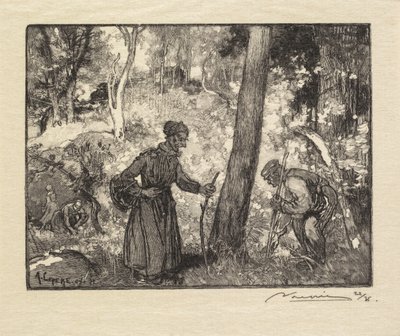 枫丹白露森林：伯纳德河畔的蘑菇猎人 作者 A. Desmoulins，发表于 Revue Illustrée