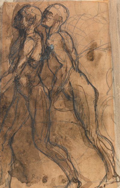 阴影逼近Dante和Virgil（石墨，笔和暗棕褐色洗涤在浅黄色纸上） 作者 奥古斯特·罗丹（Auguste Rodin）