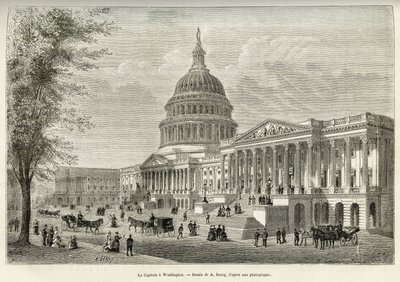 国会大厦，立法机构所在地，建于1793年至1830年，位于美国首都华盛顿（哥伦比亚特区）。根据A.Deroy的画作进行的雕刻，为故事《La conquete blanche》作插图，由William Hepworth Dixon在1875年创作，p 作者 奥古斯特·维克多·德罗伊