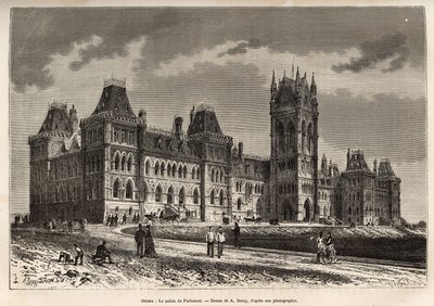 渥太华议会宫建于 1859 年至 1876 年之间，由 A.Deroy 绘制，描绘了前往加拿大和北方红河的游览，由 H. De Lamotte 于 1873 年创作，发表于“Le tour du” monde””” 1875 年，爱德华编辑 作者 奥古斯特·维克多·德罗伊