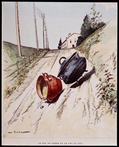 陶罐和铁罐 - 在“Les Fables de La Fontaine”中，生病了。 作者 Auguste Vimar (1851-1916), Tours, at A, Mame & Fils 作者 奥古斯特·维玛（Auguste Vimar）