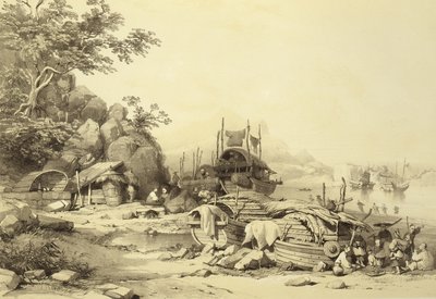 位于Cowloon湾的船屋，中国草图中的6号板，由Eugene Ciceri（1813-90）1842年刻（有色光刻） 作者 奥古斯特·博尔盖特