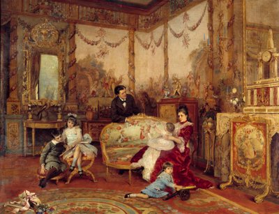 Victorian Sardou (1831 - 1908)，剧作家和他的孩子。 从客厅的内部查看壁炉前的火。 Auguste La Brely (1838-1906) 的绘画 作者 Auguste de la Brely